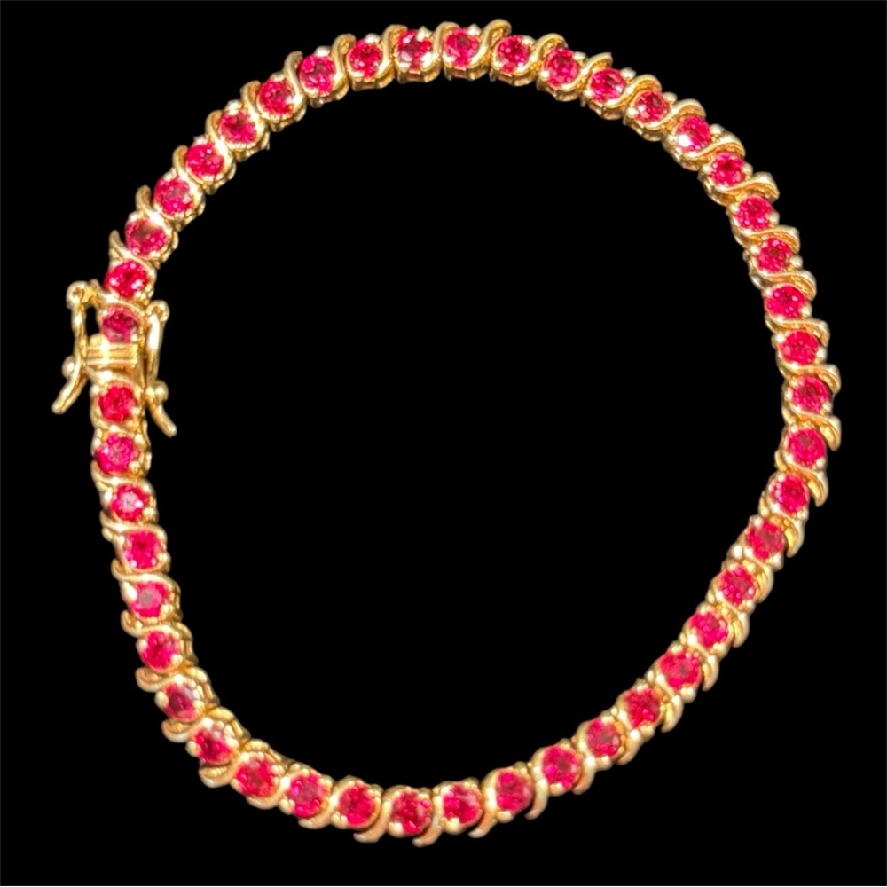 Gold Plated Stamped 925 Sterling Silver Synthetic Ruby Tennis Bracelet